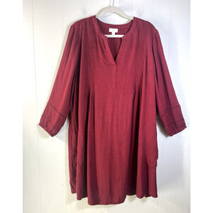 J Jill Pintuck Tunic Shift Dress Long Sleeve V Neck Pockets Size Large Maroon
